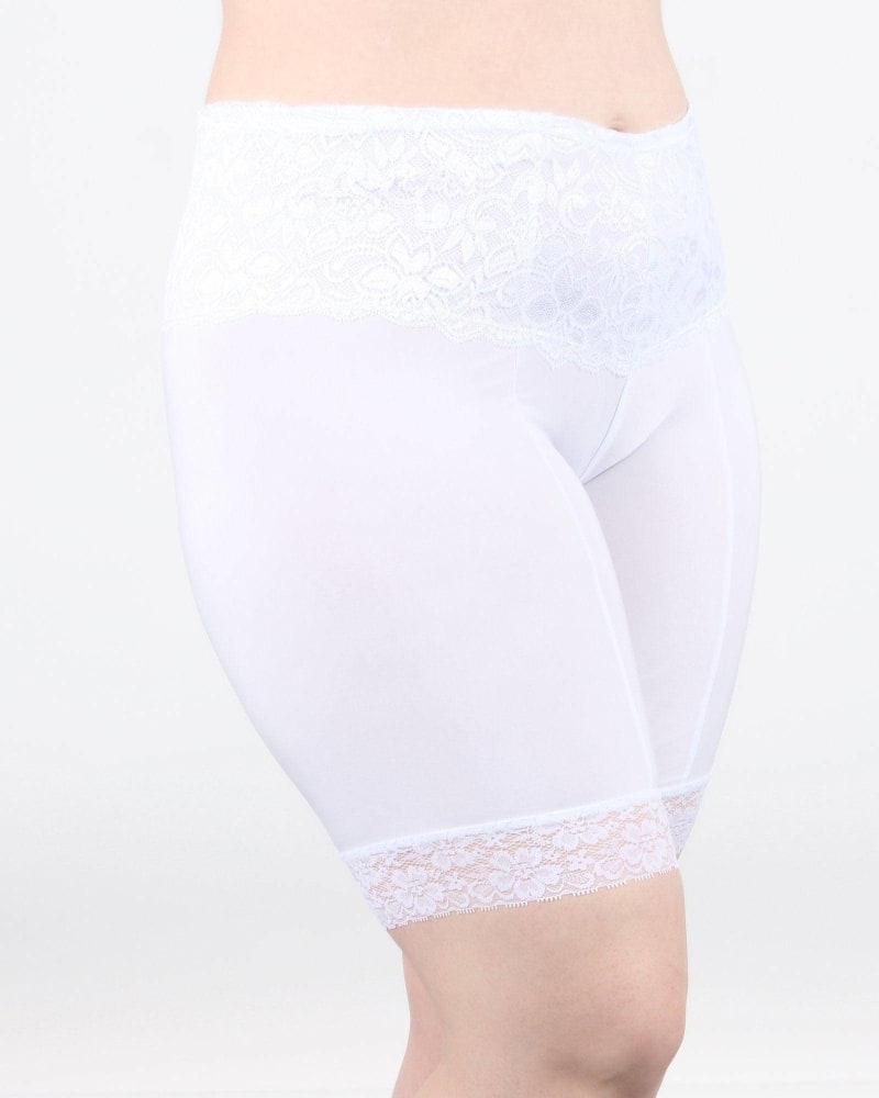 Front of a model wearing a size L Lace Anti Chafing Shortlette Slipshort in White by Undersummers. | dia_product_style_image_id:289584